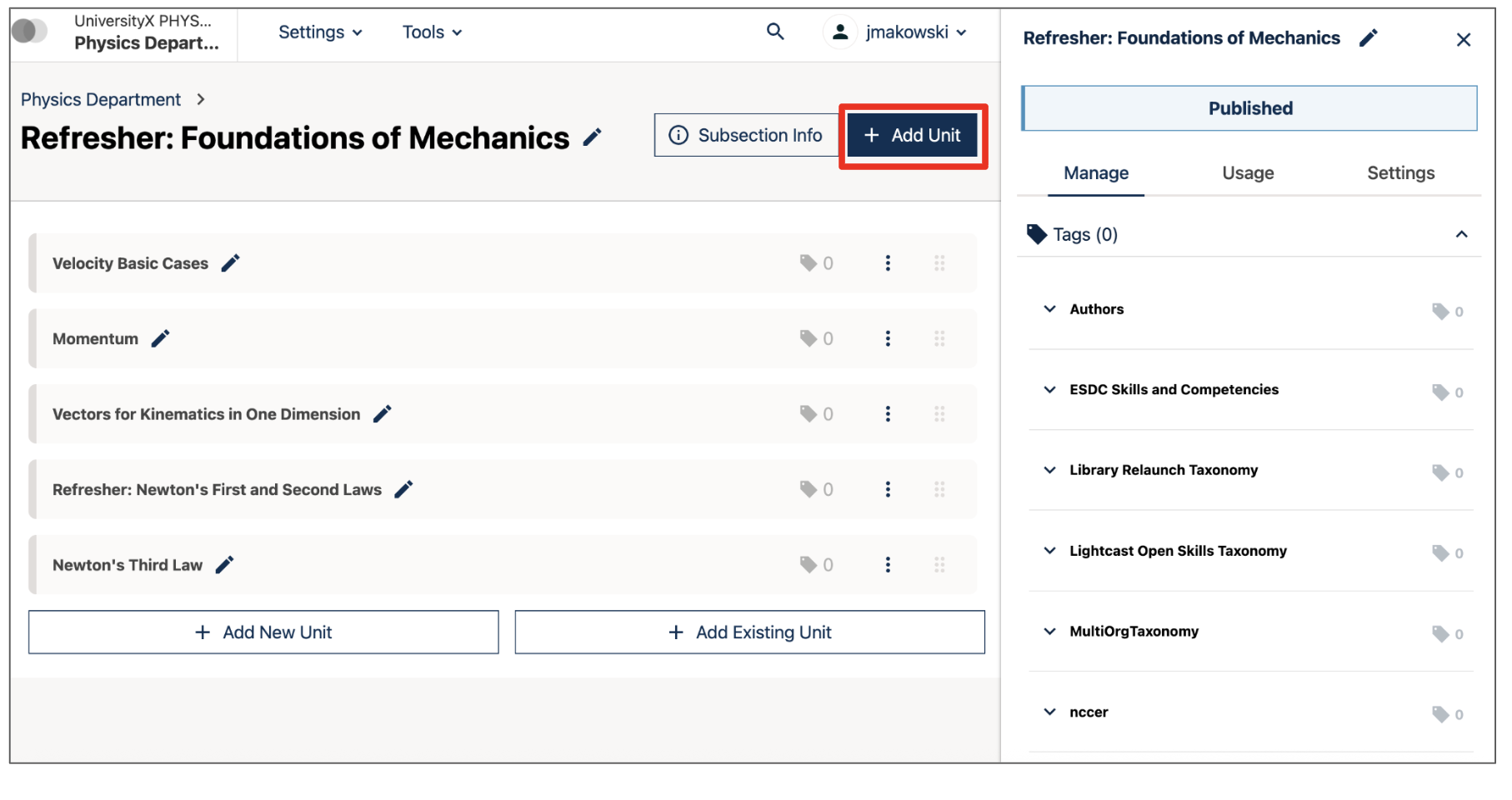 The "+ Add Unit" button appears on the main Library page, at the top right of the page