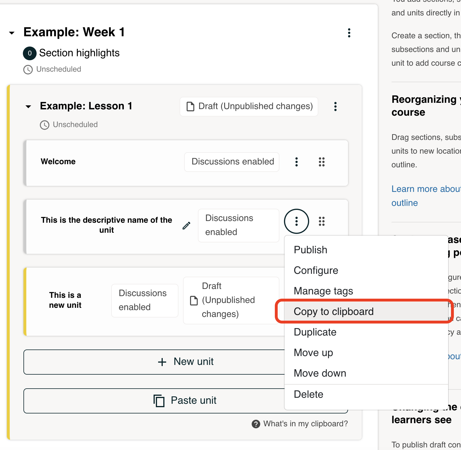 The "Copy to Clipboard" button is shown from the hamburger menu on a Unit