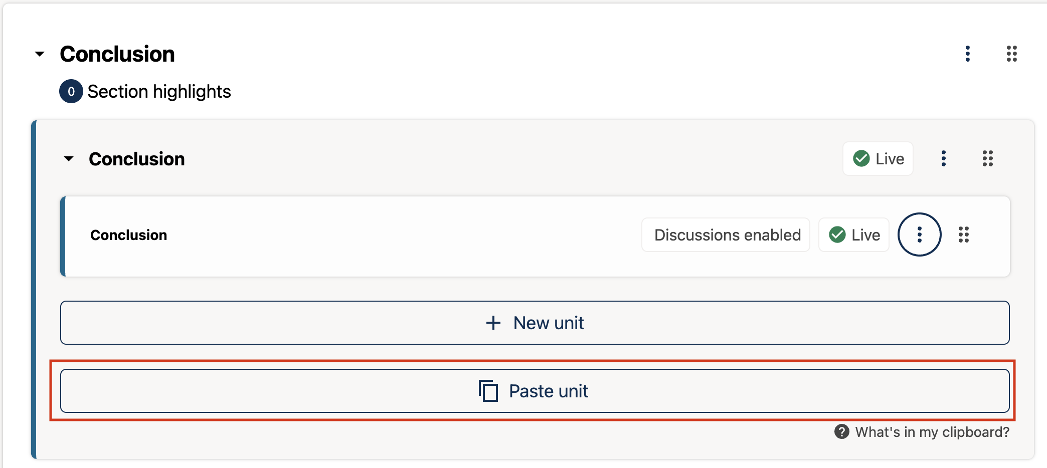 The paste button appears in the outline page within a subsection, below the "New Unit" button