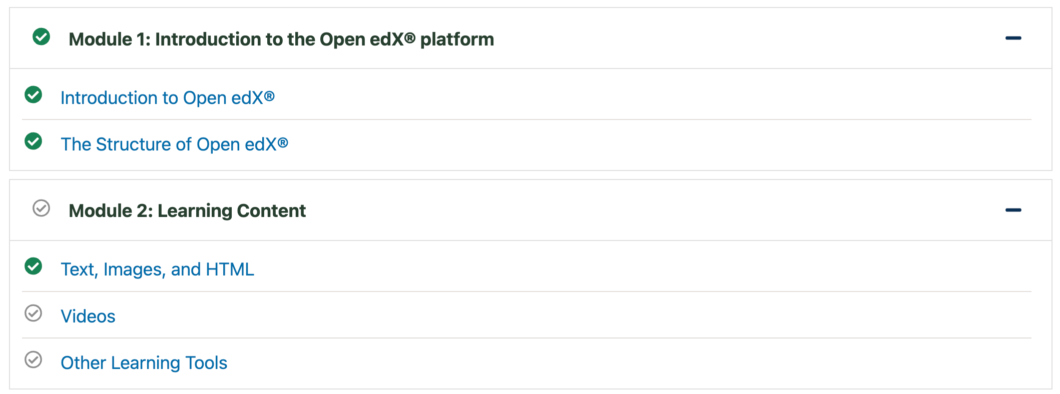 The course outline, showing green check marks for completed content.