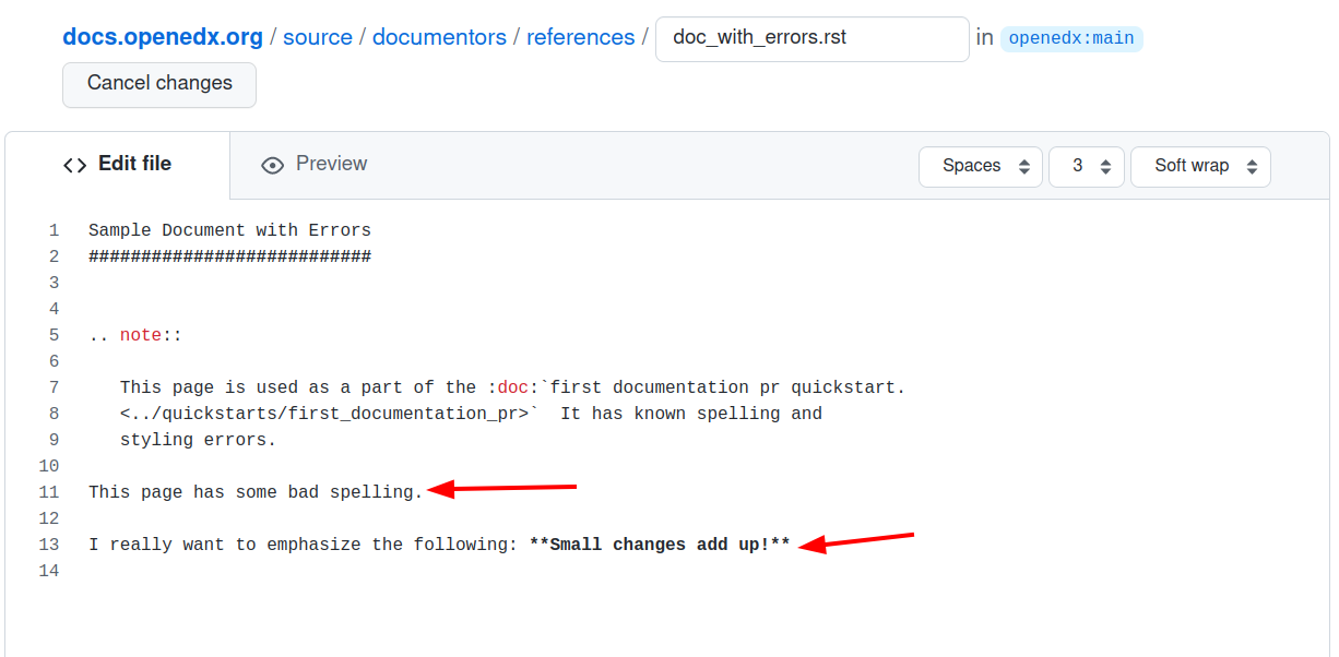 A screenshot of the github editor with the contents of the doc_with_errors.rst file.