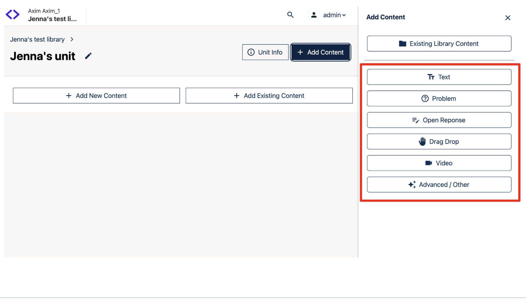 A screenshot highlighting the sidebar where new content types can be selected