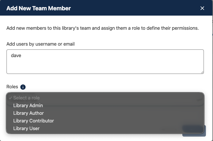 The pop-up modal has a text box for entering users by username or email, and a dropdown menu that shows the available roles to be assigned.