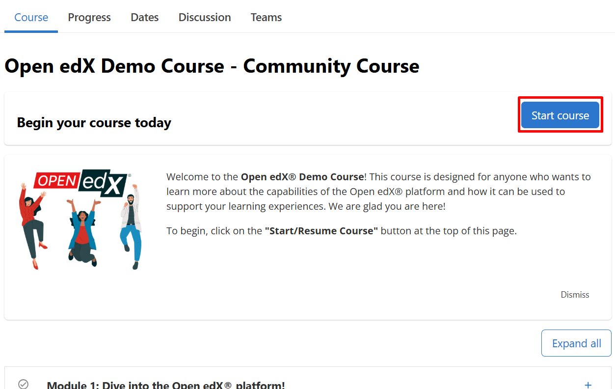 The Course page, showing a welcome message and the course outline in the left pane.